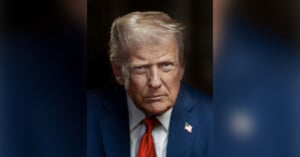 A serious-looking older man with light skin, grayish-blond hair, and blue eyes wears a dark blue suit, white shirt, and red tie with a small American flag pin on his lapel, against a dark blurred background.