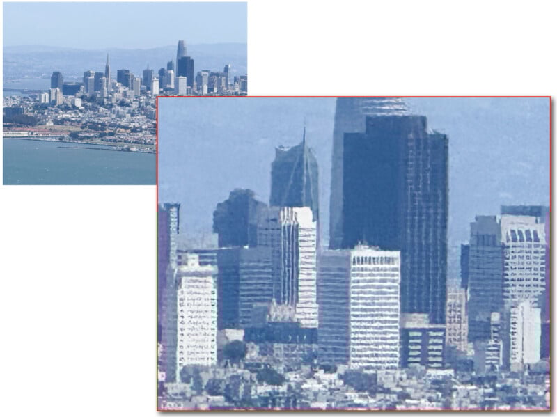 A city skyline with tall skyscrapers near the water, shown first from a distance and then in a close-up detail of the central buildings under a clear sky.