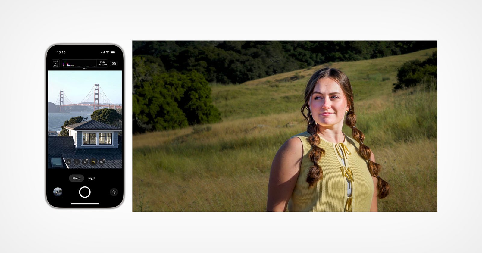 A smartphone displaying a photo of the Golden Gate Bridge next to a portrait of a young woman with braided hair standing in a sunlit grassy field with trees in the background.
