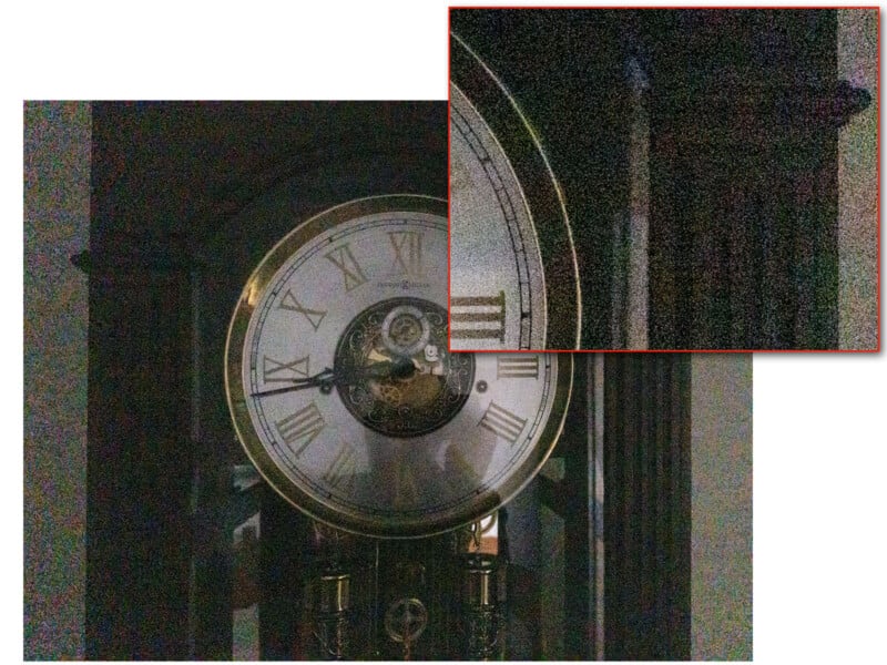 A close-up photo of an ornate clock with Roman numerals, shown in low light with visible digital noise; an inset zooms in on the clock's face, highlighting the grainy texture.