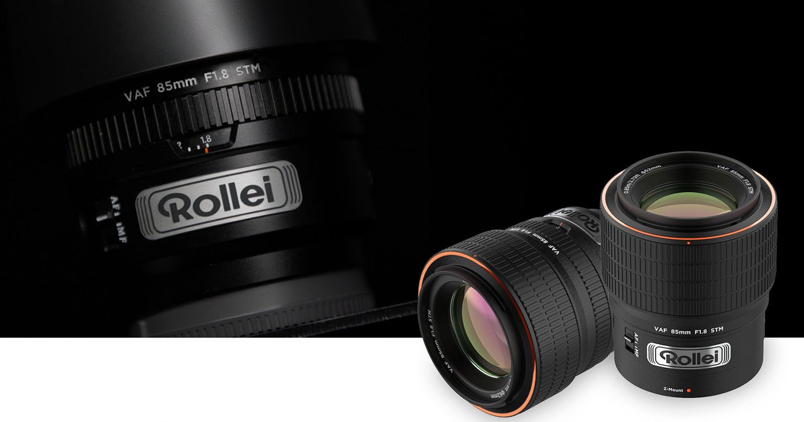 Close-up view of two Rollei VAF 85mm F1.8 STM camera lenses on a black and white background, with one lens shown prominently and another partially in shadow above.