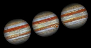 Three side-by-side images of Jupiter, showing its swirling colorful bands, the iconic Great Red Spot, and various storms against the planet’s dark background. The images highlight Jupiter's dynamic atmosphere.