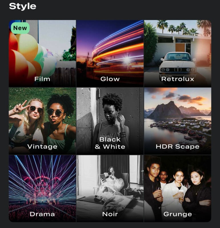A grid of nine square photo styles labeled: Film, Glow, Retrolux, Vintage, Black & White, HDR Scape, Drama, Noir, and Grunge, each with a representative image and bold white text on a dark background.