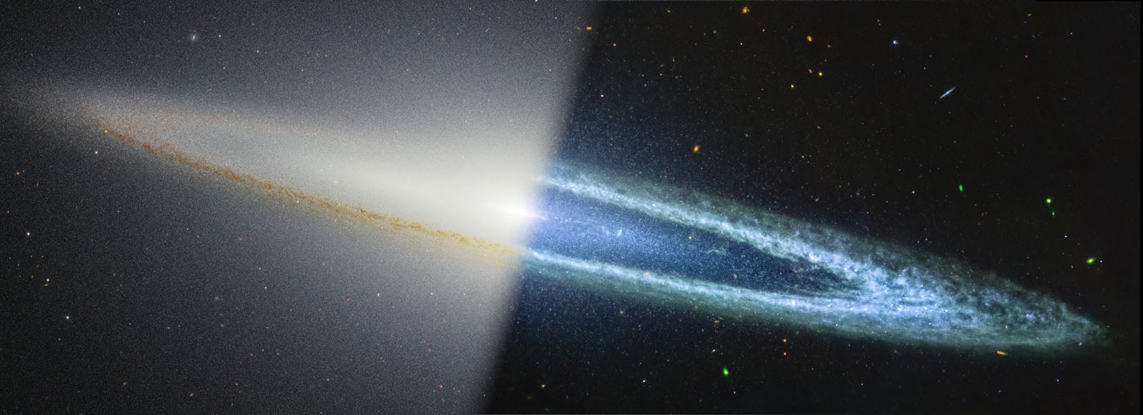 A split image of the Sombrero Galaxy shows one half as a bright, yellowish disk with a prominent dust lane, and the other half as a bluish, detailed spiral structure against a starry background.