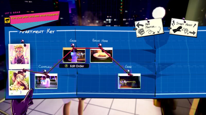 A vibrant heist planning screen from a video game shows a blue blueprint with photos of characters, food, and locations connected by lines. A purple-gloved hand points at the board. City lights and a window are in the background.