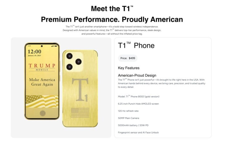 A gold smartphone labeled "TRUMP MOBILE" displays "Make America Great Again" on its screen. The back features a large "T" and a stylized flag. Beside it, text describes the T1 Phone's features, price, and American-inspired design.