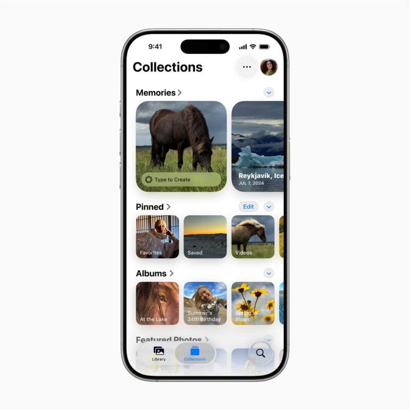 A smartphone screen displays a photo gallery app with sections for Memories, Pinned, Albums, and Featured Photos, showing images of horses, landscapes, flowers, and a beach.