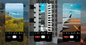 Three smartphone screens display camera interfaces capturing different scenes: a coastal landscape, tall city buildings, and an airplane wing on a runway, each showing different camera settings.