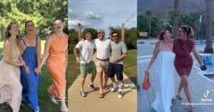 Three side-by-side photos show pairs of people walking arm in arm outdoors, all smiling and laughing; the left two are women in dresses, the center group is men, and the right shows two women in light dresses.