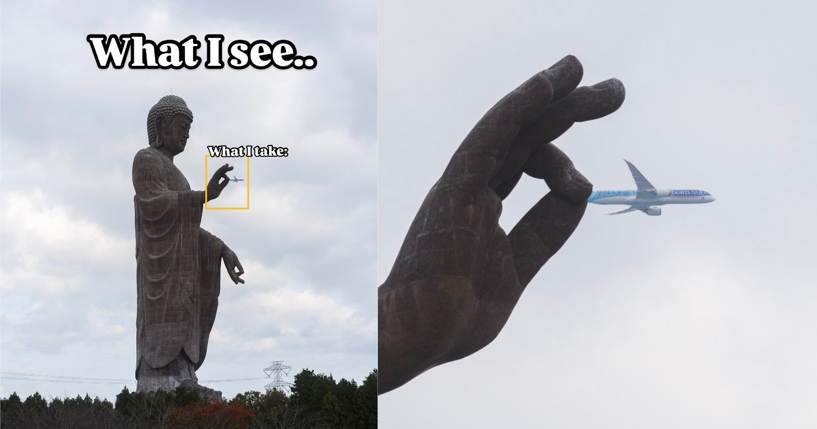 On the left, a large Buddha statue appears to hold a small object inscribed "What I take." On the right, a close-up of the statue's hand seems to grasp a distant airplane in the sky. Text at the top reads, "What I see...