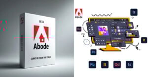 On the left, a box labeled "Abode BETA TEST VERSION" with a red house logo. On the right, a digital illustration shows a creative software interface and editing tools, referencing design software.