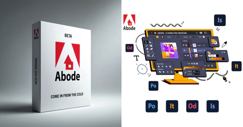 On the left, a box labeled "Abode BETA TEST VERSION" with a red house logo. On the right, a digital illustration shows a creative software interface and editing tools, referencing design software.