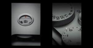 Close-up of a camera dial with an indicator labeled "STD" on the left, and detailed view of camera control dials with engraved numbers and markings on the right.