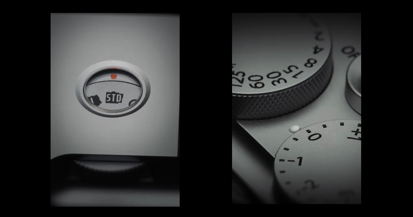 Close-up of a camera dial with an indicator labeled "STD" on the left, and detailed view of camera control dials with engraved numbers and markings on the right.