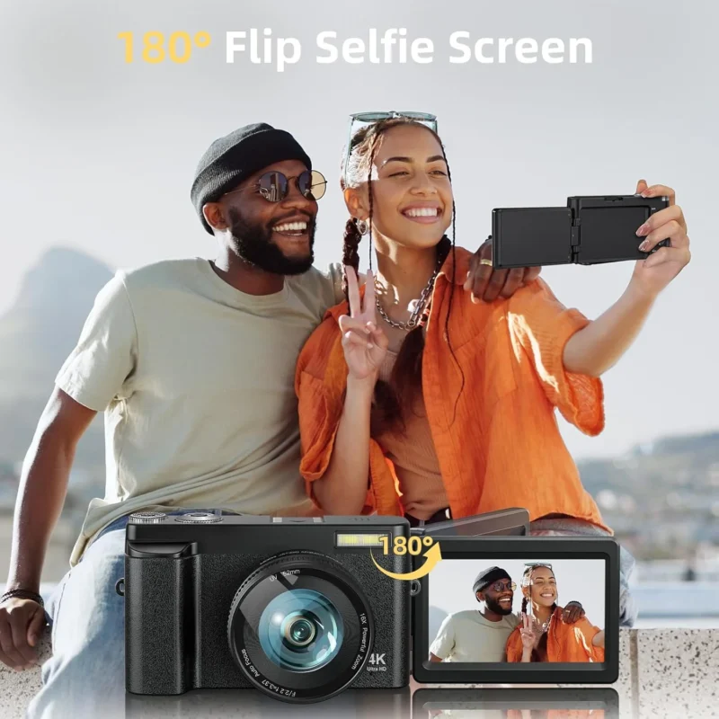 Two people smile and pose for a selfie outdoors using a camera with a 180° flip screen. The inset shows a close-up of the camera and its flipped display, featuring their selfie. Text reads "180° Flip Selfie Screen.