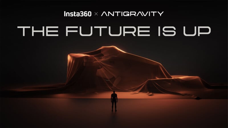 A silhouetted person stands in front of large, veiled objects under dramatic lighting. Above them, bold text reads "Insta360 x Antigravity" and "THE FUTURE IS UP" on a dark background.
