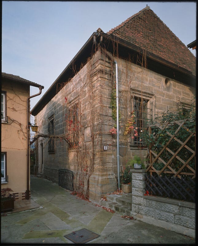 A narrow alleyway between two stone buildings with tiled roofs; one building is covered with climbing vines and has potted plants near its entrance. The scene appears calm and slightly autumnal.