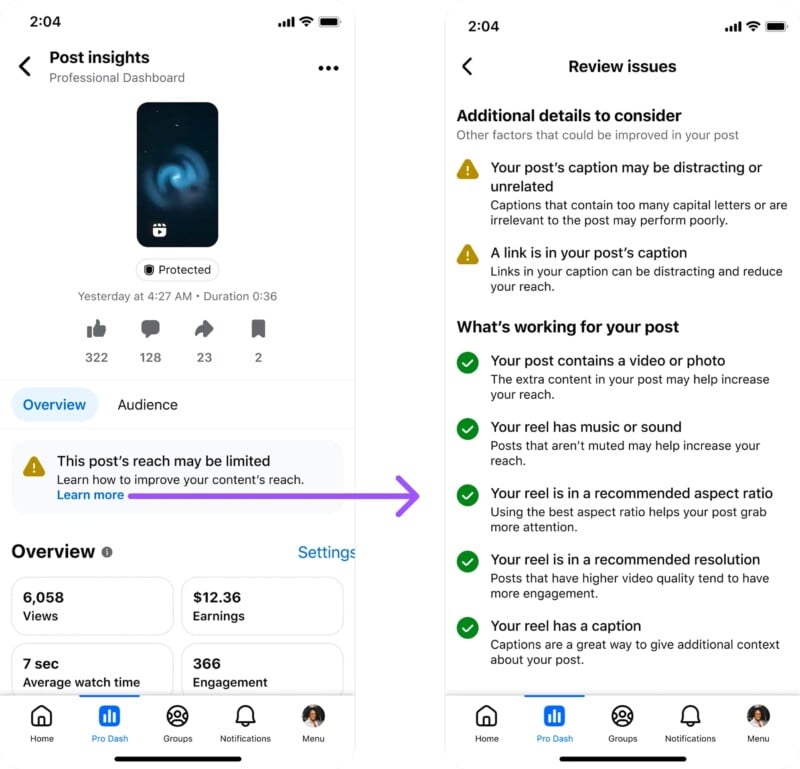 A screenshot showing Instagram Post Insights on the left with a warning about limited reach, and on the right, suggested tips for improving reach including using videos, music, captions, and optimized aspect ratios.