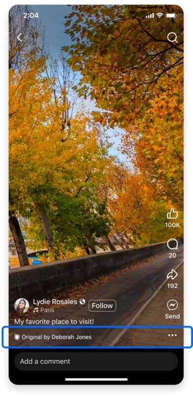 A tree-lined street in autumn with yellow and orange leaves. A stone wall runs along the road, and the sky is clear. Social media interface elements and user comments are visible on the screen.