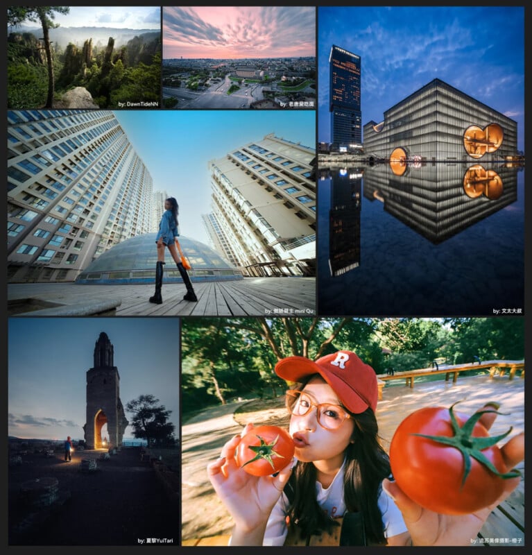 A collage of six photos: cityscapes, modern buildings, a mountain sunset, an ancient tower at dusk, and a young woman outdoors posing with large tomatoes, wearing glasses and a red cap.