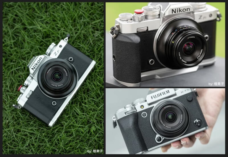 A collage of three photos shows two Nikon Z fc cameras and one Fujifilm X-T30 camera, all with retro-style designs and silver-black bodies; one camera is placed on grass, others are held or on a surface.