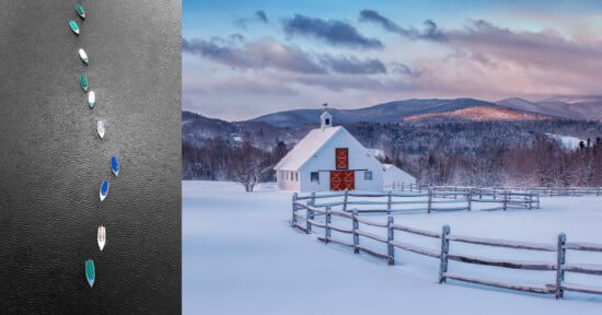 The image is split: on the left, small colorful boats float on dark water; on the right, a red-and-white barn sits in a snowy landscape with mountains and a wooden fence under a partly cloudy sky.