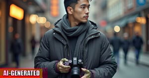 A man wearing a dark jacket and scarf holds a camera while standing on a city street. The background is blurred with lights and people. A red "AI-GENERATED" label appears in the bottom left corner.