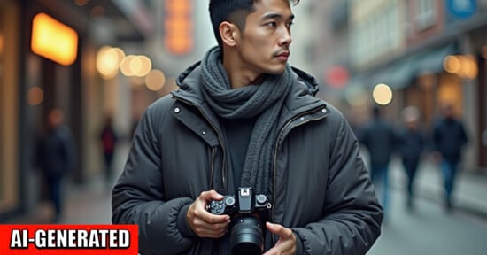 A man wearing a dark jacket and scarf holds a camera while standing on a city street. The background is blurred with lights and people. A red "AI-GENERATED" label appears in the bottom left corner.