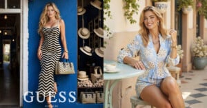A woman models two outfits: on the left, she wears a black and white striped dress holding a matching bag by a wall of hats; on the right, she sits at a café table in a light blue floral outfit, smiling. GUESS branding is visible.