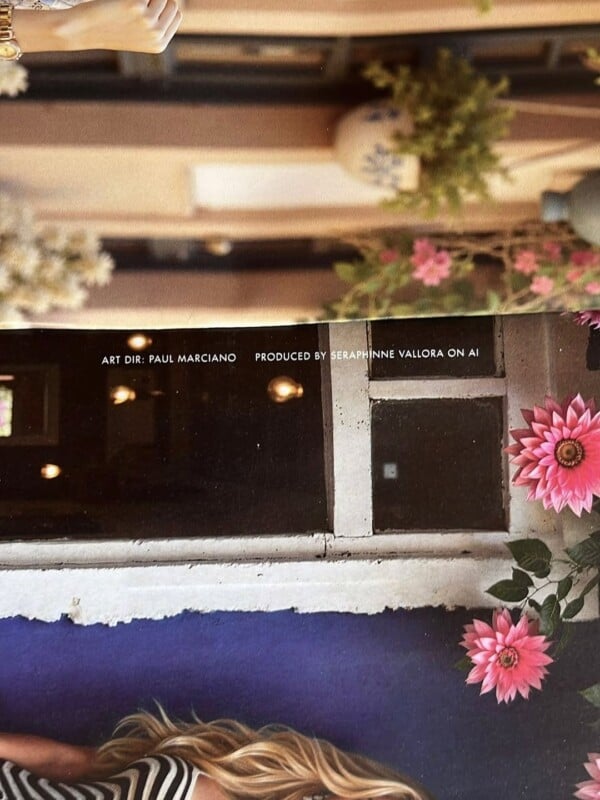 A magazine page split in two, showing part of a person’s arm with a bracelet above, and a window scene with pink flowers and purple wall below. Text reads: "Art Dir: Paul Marciano Produced by Seraphinne Vallora on AI".