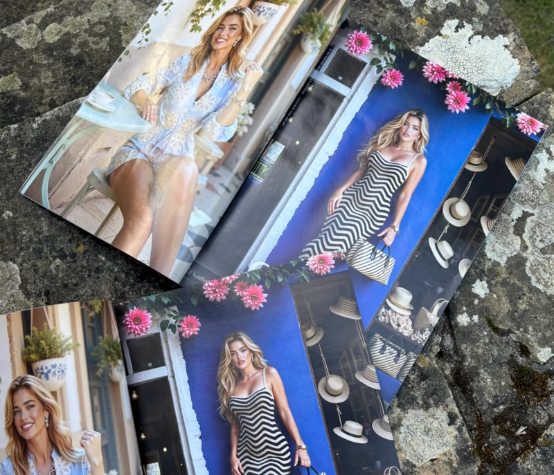 Three open magazines on a stone surface, featuring a woman in a striped dress and a light floral outfit, with vibrant blue and floral backgrounds, and hats displayed on a wall.