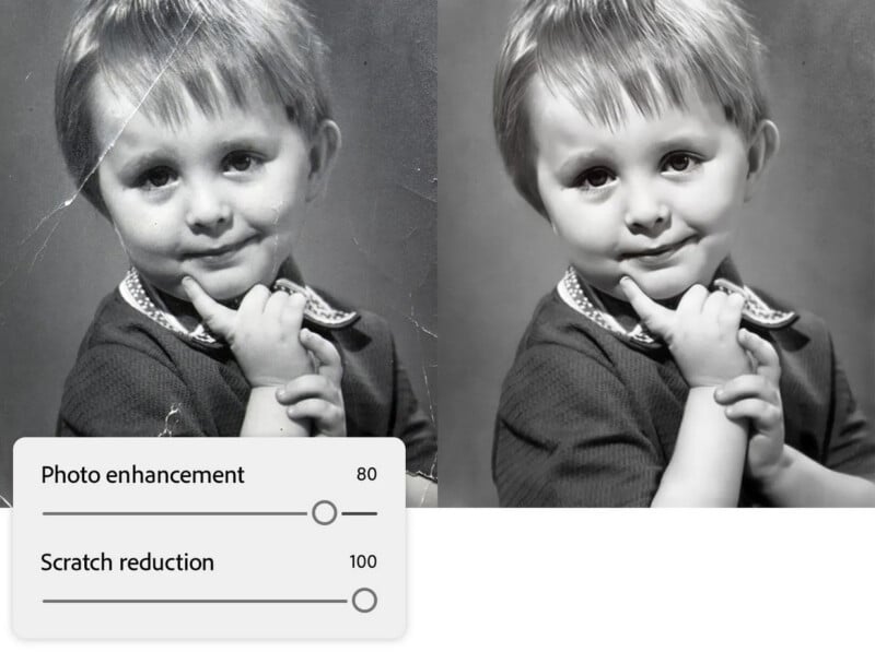 A black and white photo of a young child, shown before and after restoration. The left side has visible scratches; the right side is clearer. Below are sliders labeled "Photo enhancement" at 80 and "Scratch reduction" at 100.
