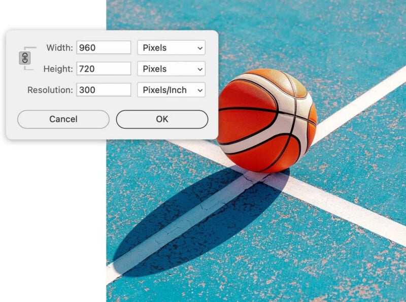 A basketball rests on a blue outdoor court, casting a shadow across white lines. An image editing dialog box overlays the scene, displaying settings for width, height, and resolution.