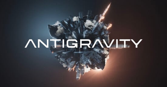 A floating, futuristic cityscape sphere splits light and dark, with the word "ANTIGRAVITY" in bold white letters across the center. Smoke and glowing lights highlight the surreal, sci-fi atmosphere.