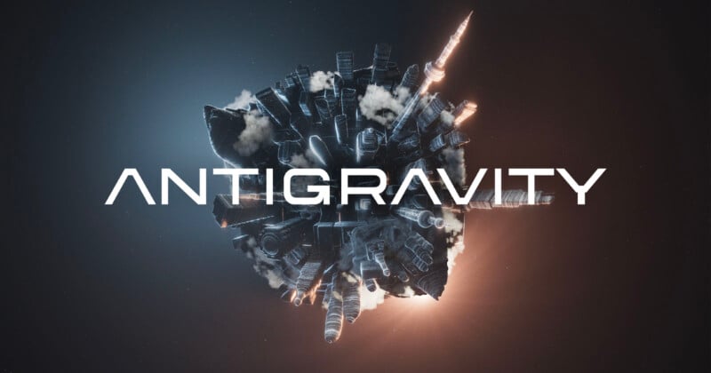 A floating, futuristic cityscape sphere splits light and dark, with the word "ANTIGRAVITY" in bold white letters across the center. Smoke and glowing lights highlight the surreal, sci-fi atmosphere.