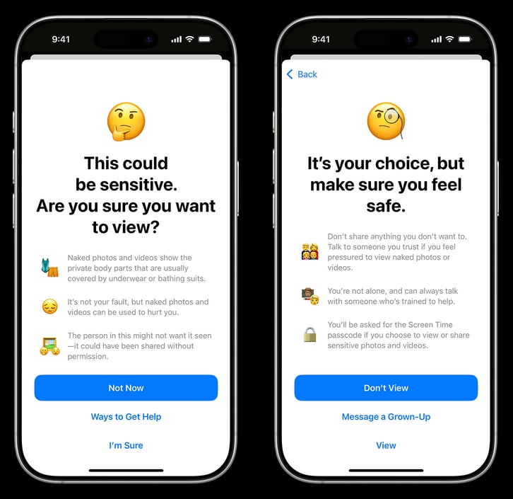 Two smartphone screens display safety warnings about viewing sensitive photos or videos, with emojis and tips encouraging caution, privacy, and talking to trusted adults before proceeding.