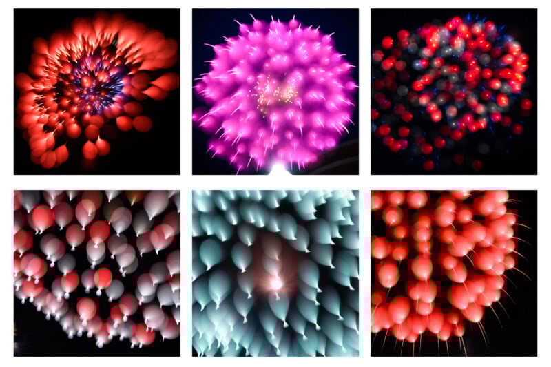Six abstract, close-up photographs of fireworks exploding in the night sky, resembling colorful clusters of balloons or sea anemones, in shades of red, pink, blue, and white against a black background.