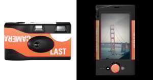 Side-by-side images: on the left, a black and orange camera labeled "CAMERA LAST"; on the right, the back view displays a photo of the Golden Gate Bridge with controls below the screen.