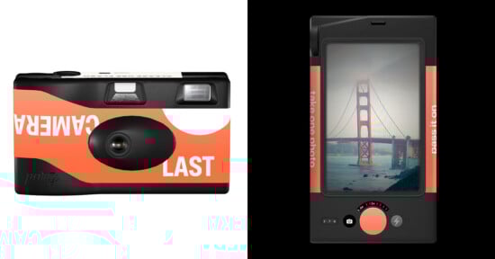 Side-by-side images: on the left, a black and orange camera labeled "CAMERA LAST"; on the right, the back view displays a photo of the Golden Gate Bridge with controls below the screen.