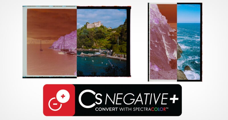 Two side-by-side comparisons of film negatives and their positive color conversions, showing a coastal village and cliffs, with the text “CS NEGATIVE+ CONVERT WITH SPECTRACOLOR” and a red logo below.
