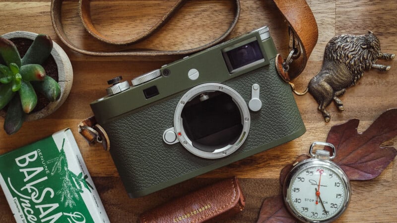 An olive green camera with a brown strap on a wooden surface, surrounded by a succulent plant, stopwatch, leaf, metal keychain, and a green and white box.