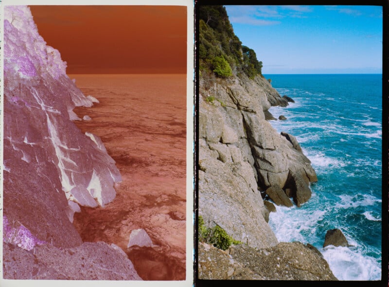 A split image shows a rocky coastline with waves: the left side is tinted red and orange with an inverted effect, while the right side shows the natural blue ocean and sky with green foliage on the cliffs.