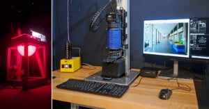 A split image: on the left, a device illuminates a glowing red sphere in a dark room; on the right, a computer workstation with specialized equipment and a monitor displaying a photo of a hallway.
