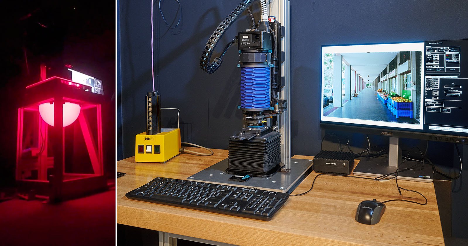 A split image: on the left, a device illuminates a glowing red sphere in a dark room; on the right, a computer workstation with specialized equipment and a monitor displaying a photo of a hallway.