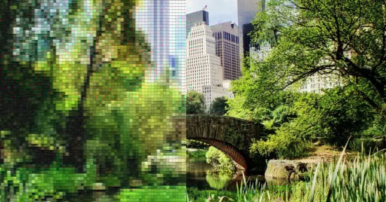 A split image shows a pixelated version of a green park with a stone bridge on the left, and a clear, detailed photo of the same park with trees, water, and city buildings on the right.