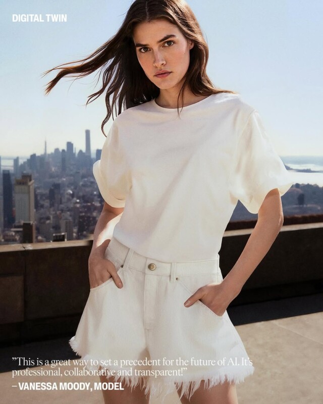 A woman in a white t-shirt and white shorts stands with hands in pockets on a rooftop with a city skyline in the background. Text quotes Vanessa Moody about setting a precedent for AIâ€™s future.