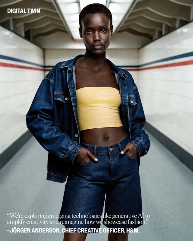 A model stands confidently in a hallway, wearing a yellow tube top and denim jacket with matching jeans. The background features white walls with blue and red stripes. Text at the bottom quotes JÃ¶rgen Anderson of H&M about generative AI in fashion.