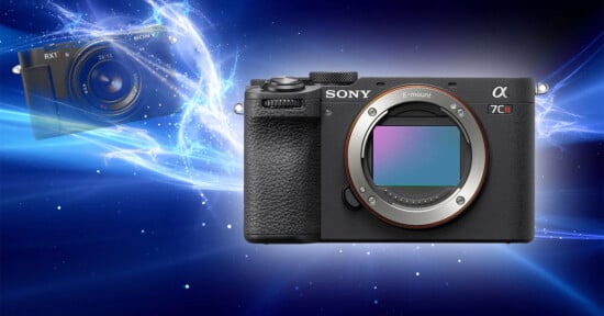 A Sony Alpha 7C R mirrorless camera is prominently displayed in the foreground, with a glowing blue and white energy swirl and another Sony camera in the background.