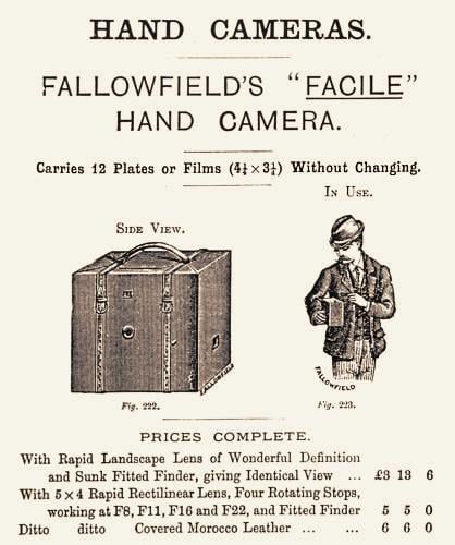 Vintage advertisement for Fallowfield’s “Facile” hand camera, featuring a side view drawing of the camera and an illustration of a man holding it. Text details features, usage, and prices.
