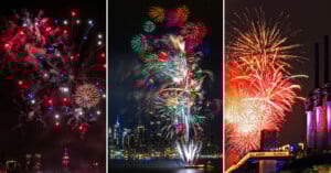 A triptych image of vibrant fireworks in the night sky over a city skyline, featuring bursts of red, blue, green, and gold above buildings, water, and a crowd on a lit walkway.